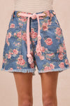 BiBi floral print denim shorts with pink rose pattern, frayed hem, pink drawstring