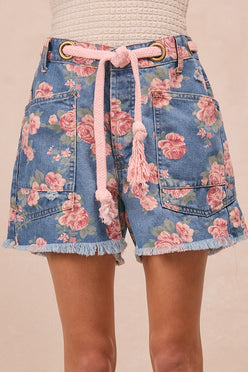 BiBi floral print denim shorts with pink rose pattern, frayed hem, pink drawstring