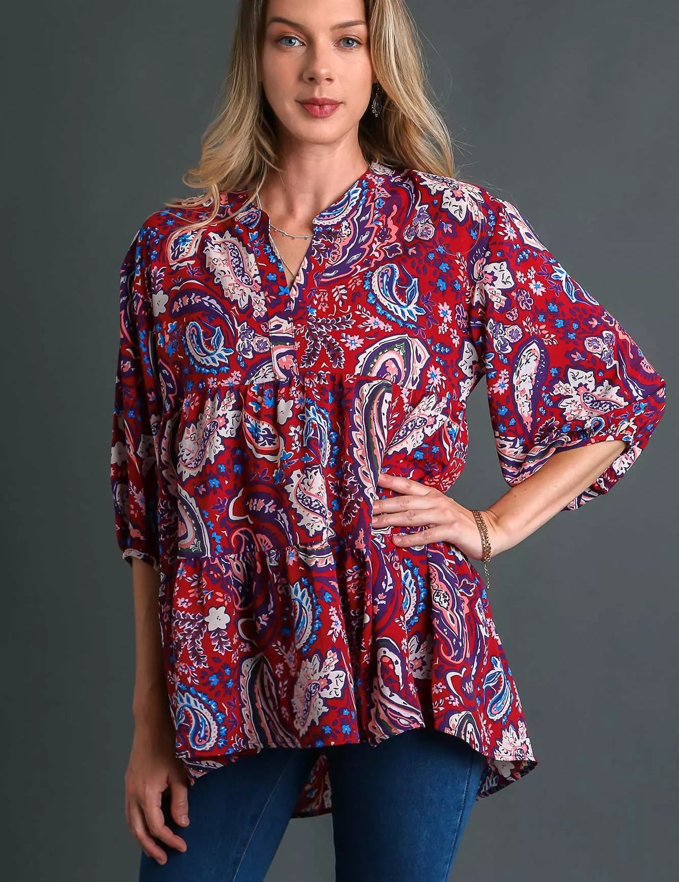 WINE MIX Umgee Mix Paisley Boho Tunic Blouse | Blouses Daverri Fashions