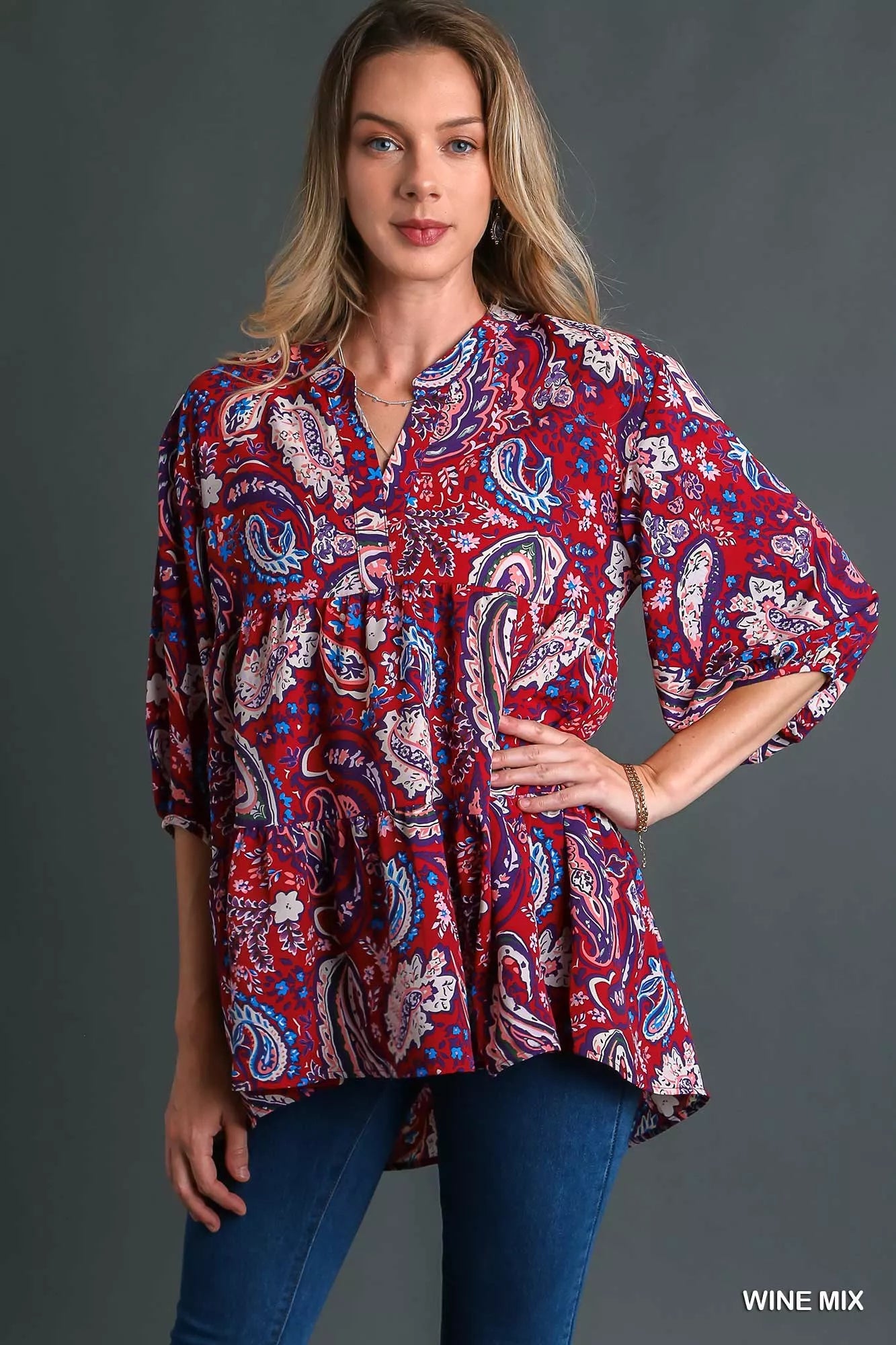 WINE MIX Umgee Mix Paisley Boho Tunic Blouse | Blouses Daverri Fashions