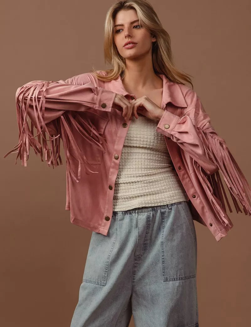 BiBi Suede Fringe Long Sleeve Jacket | Jackets Daverri Fashions