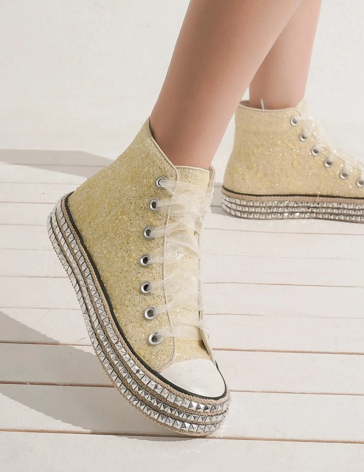 Beast Fashion Glitter Lace-Up Studded Platform Sneakers White Footwear