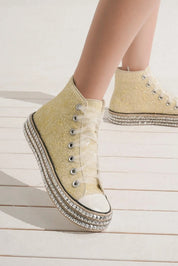 Beast Fashion Glitter Lace-Up Studded Platform Sneakers White Footwear