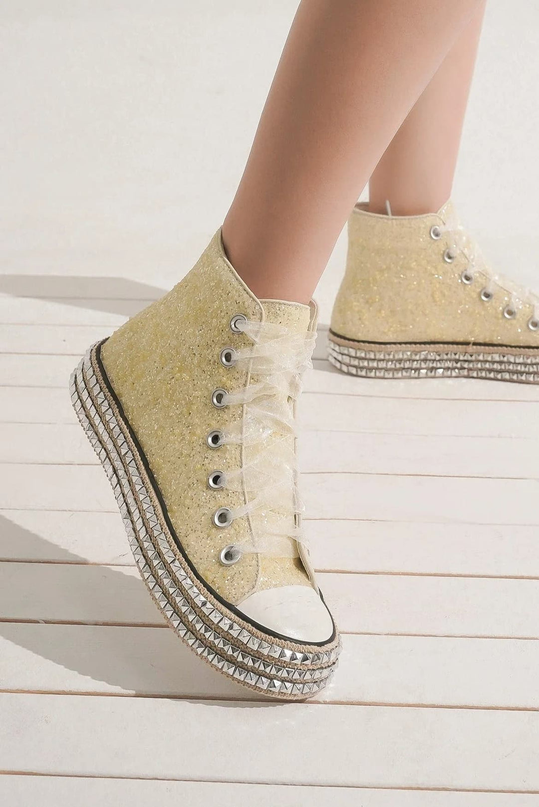 Beast Fashion Glitter Lace-Up Studded Platform Sneakers White Footwear