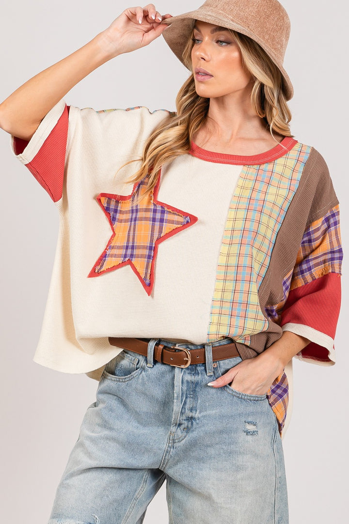 SAGE + FIG Round Neck Plaid Star Patch T-Shirt Berry M T-Shirts