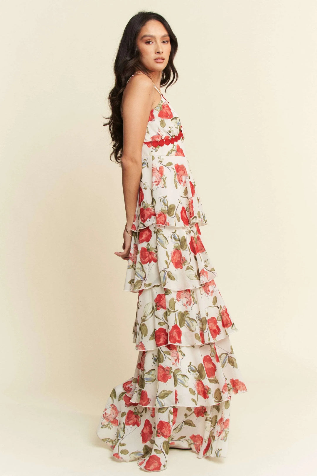 Davi & Dani Contrast Ring Lace Layered Ruffle Maxi Cami Dress Cami Dresses