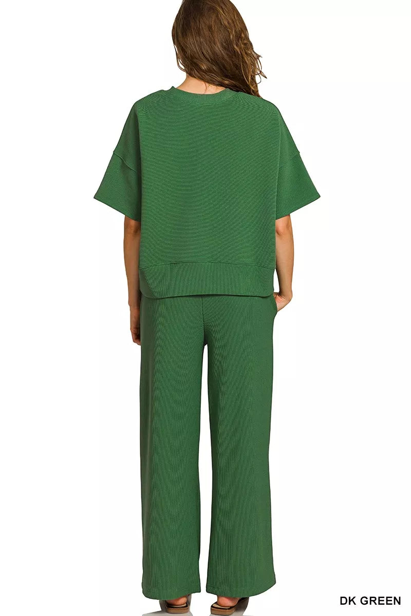 Zenana Ribbed Round Neck Tee & Pants Set | Loungewear Sets Daverri Fashions