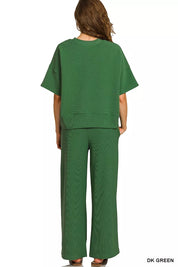 Zenana Ribbed Round Neck Tee & Pants Set | Loungewear Sets Daverri Fashions