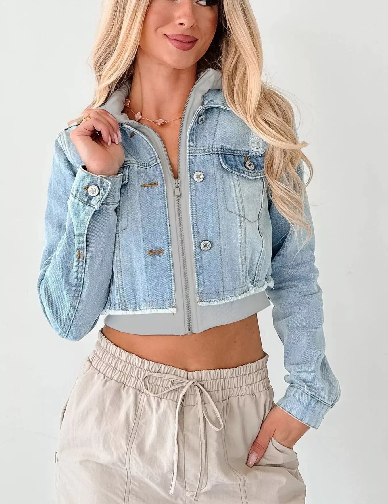 Light Blue Gray Distressed Zip Up Cropped Hooded Denim Jacket | Denim Jackets Daverri Fashions