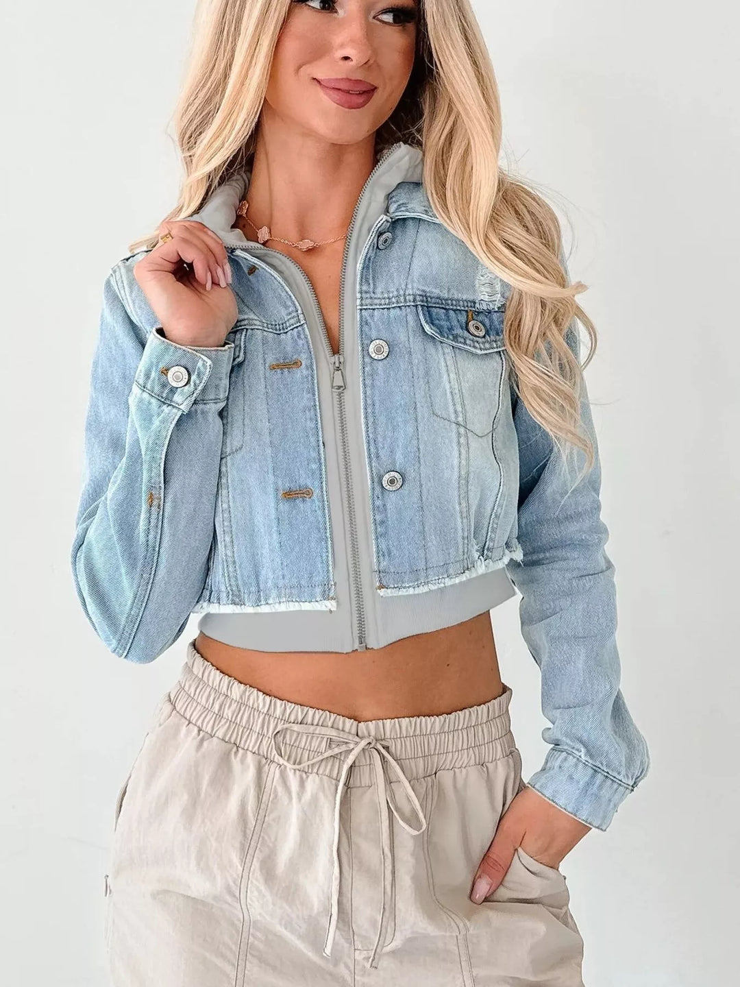 Light Blue Gray Distressed Zip Up Cropped Hooded Denim Jacket | Denim Jackets Daverri Fashions