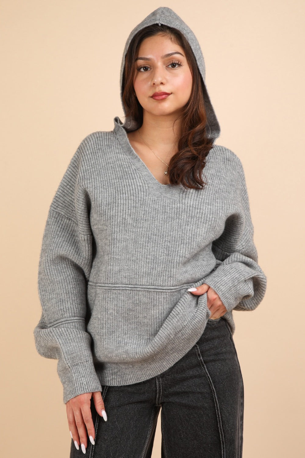 VERY J Seam Detail Drop Shoulder Hooded Sweater Grey Tops