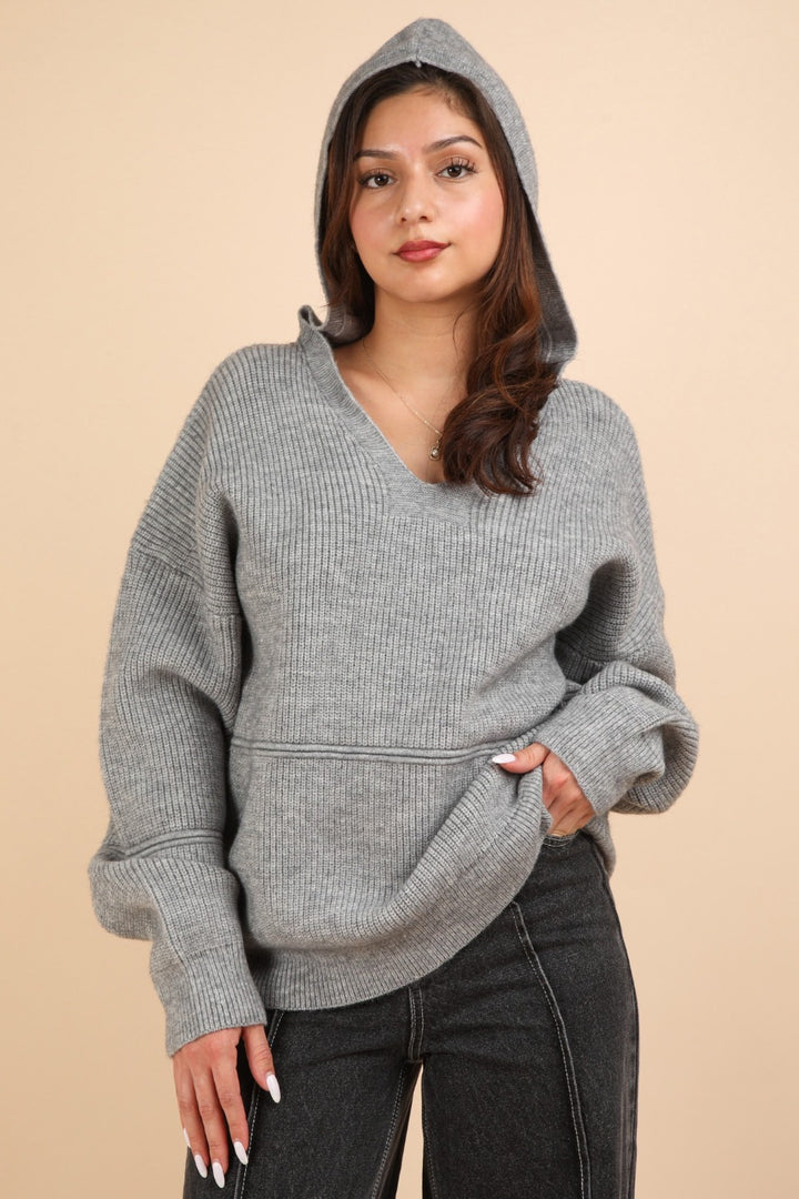 VERY J Seam Detail Drop Shoulder Hooded Sweater Grey Tops