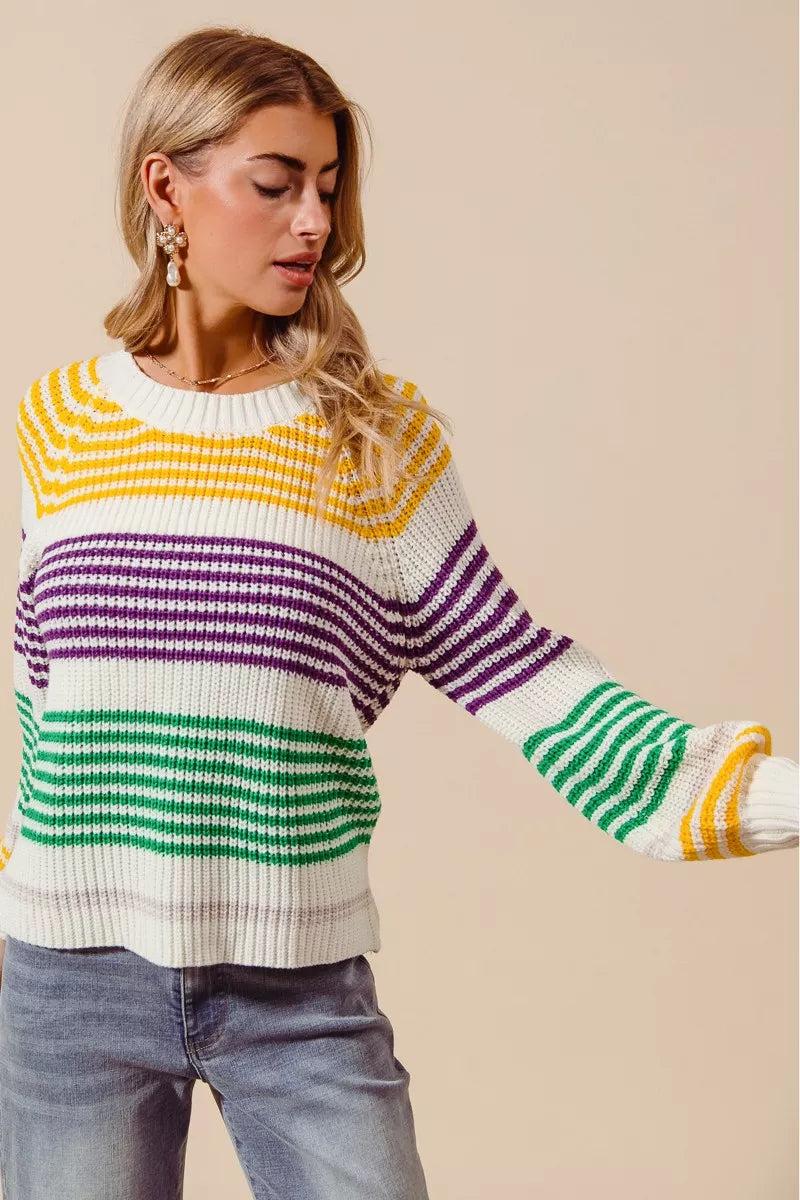 Cozy SO ME Mardi Gras striped raglan sweater in yellow, purple, green, white