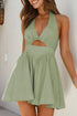 Daverri cutout halter neck mini dress in sage green, waist cutout view