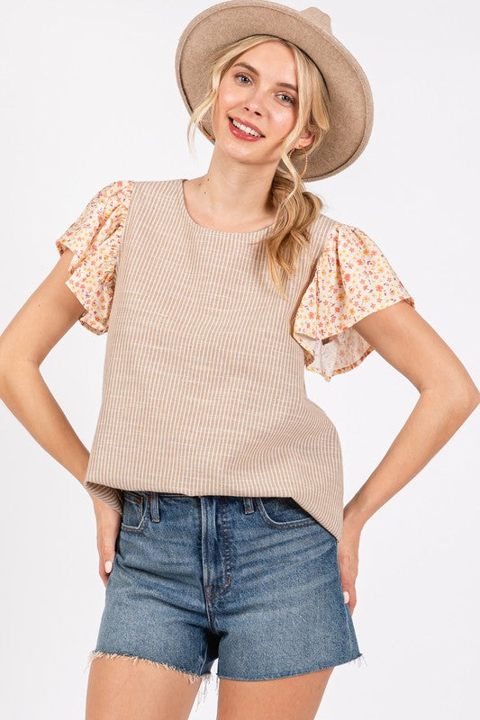 Ces Femme Round Neck Floral Short Sleeve Top Tan Tops