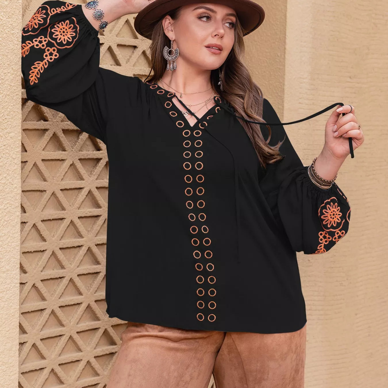 Plus size boho black embroidered blouse with bell sleeves