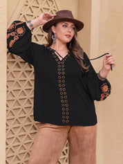 Plus size boho black embroidered blouse with bell sleeves