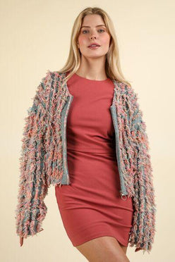 VERY J Shaggy Yarn Knit Zip Up Jacket - DAVERRI FASHIONS
