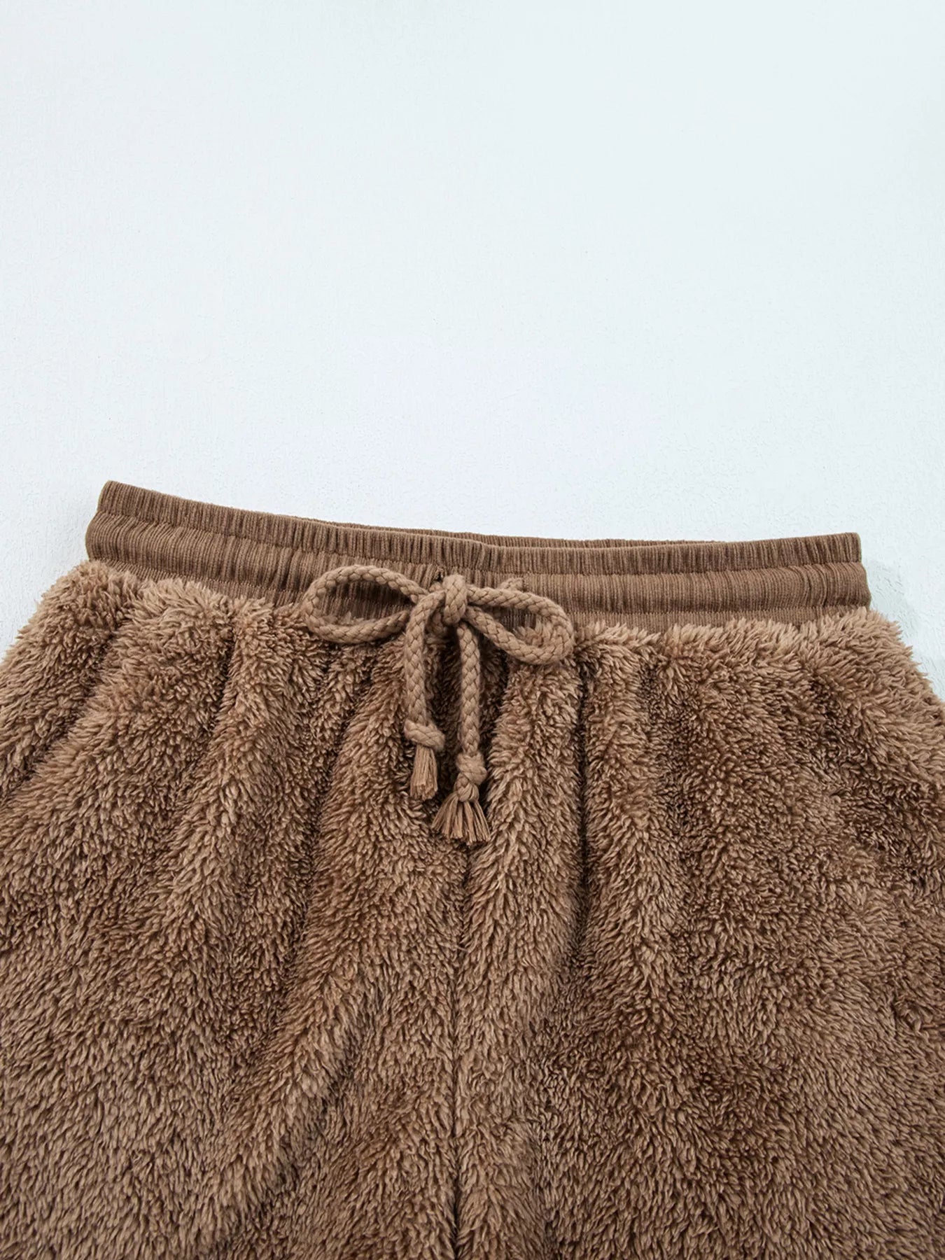 Brown plush fleece drawstring pants in 2pcs hoodie outfit