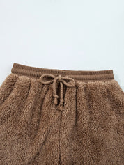 Brown plush fleece drawstring pants in 2pcs hoodie outfit