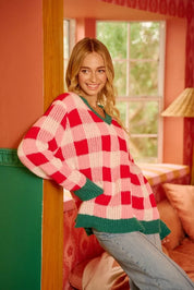 Cozy oversized red and green plaid BiBi Christmas sweater