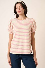 Mittoshop Contrast Striped Short Puff Sleeve Knit Top