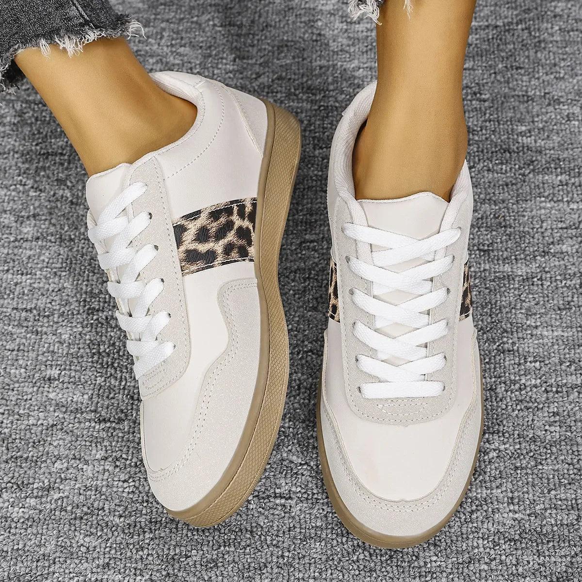 Leopard Lace Up Round Toe Sneakers - DAVERRI FASHIONS