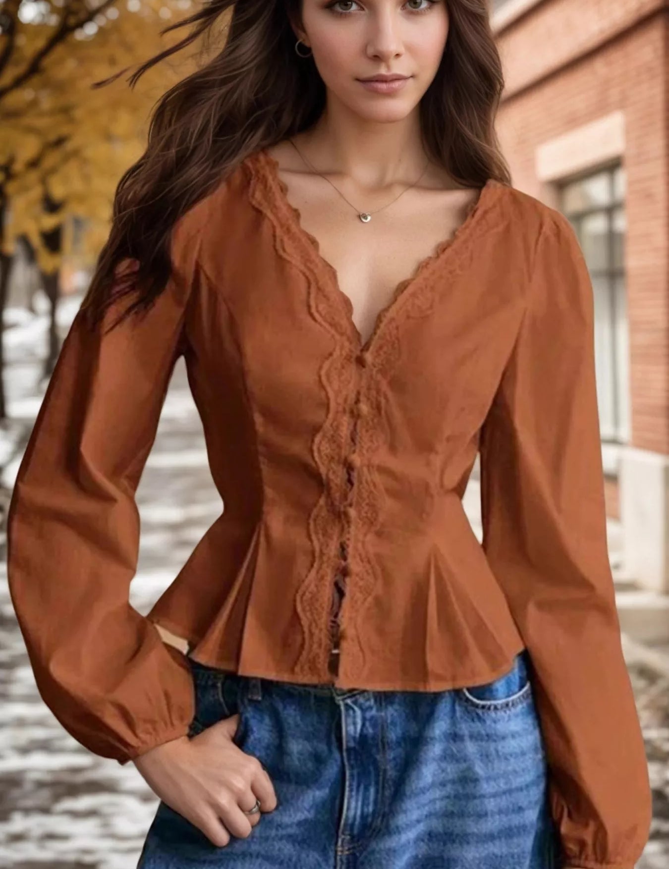 Caramel Lace Detail Balloon Sleeve Blouse | Blouses Daverri Fashions