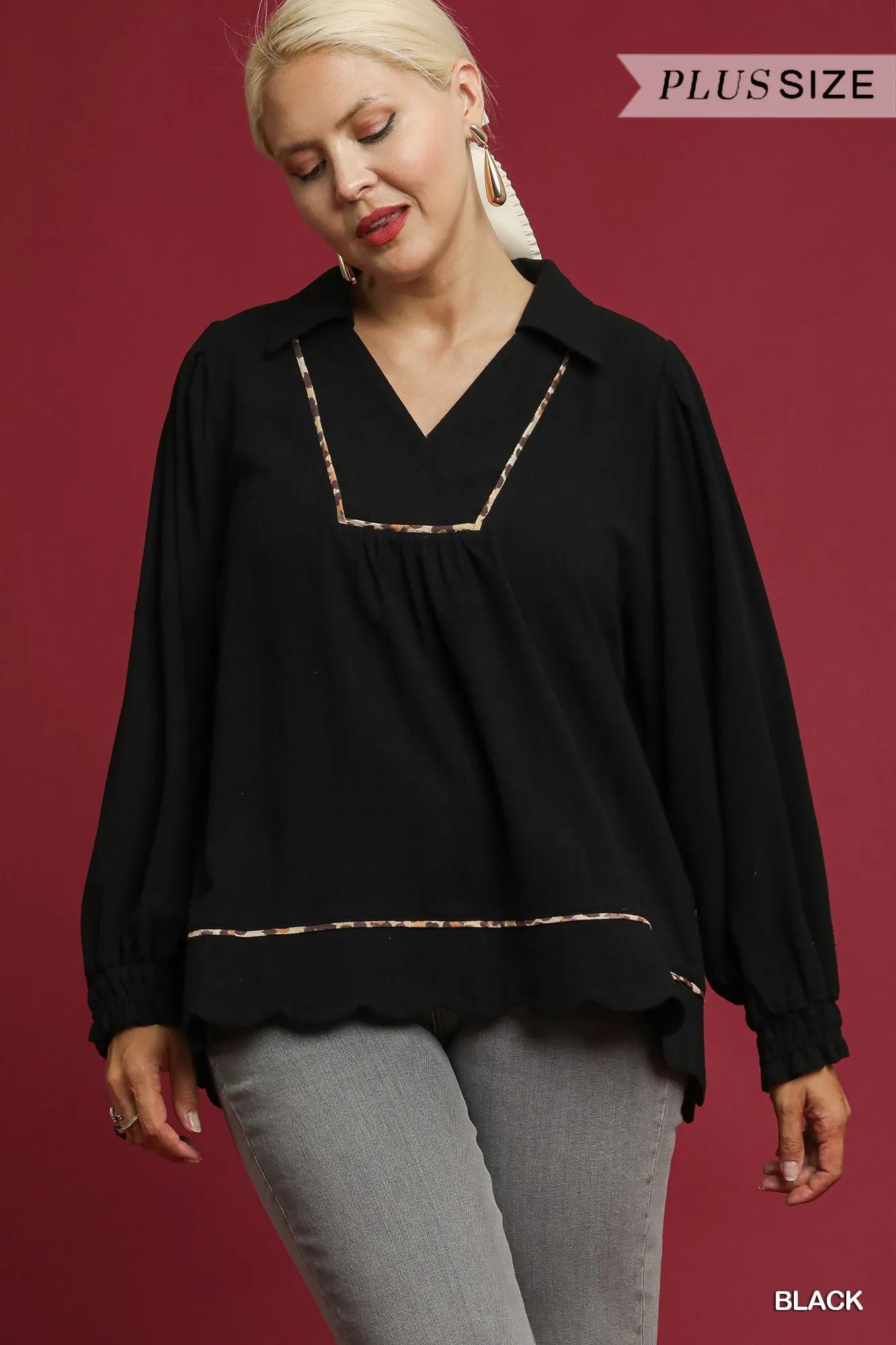 Umgee Full Size Linen Scallop Hem Blouse with Contrast Trim Plus Size | Daverri Fashions