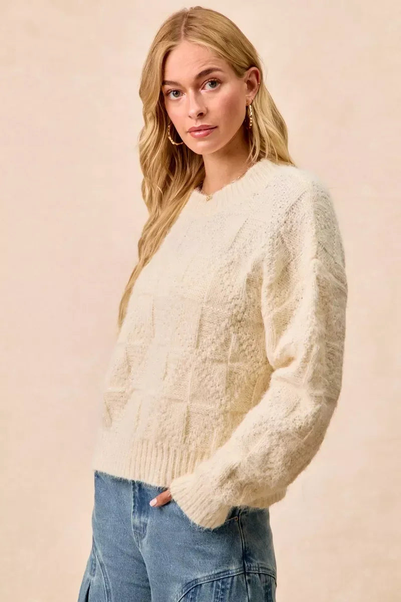 BiBi Checker Board Drop Shoulder Sweater - DAVERRI FASHIONS