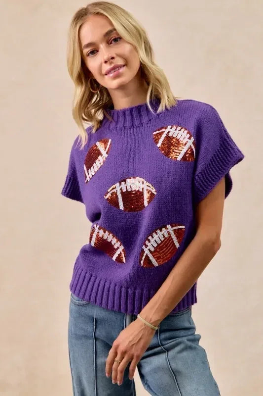 BiBi Gameday Sequin Football Patches Rib Banded Sweater - DAVERRI FASHIONS