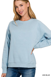 ASH BLUE Zenana Fleece Round Neck Ribbed Side Raglan Sweatshirt | Sweatshirts Daverri Fashions