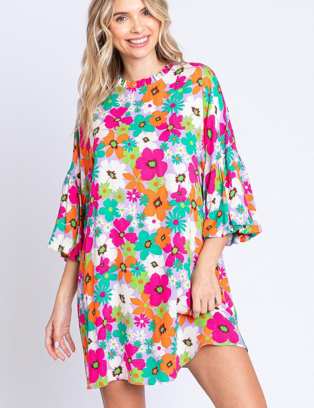 GeeGee Full Size Floral Round Neck Lantern Sleeve Mini Dress Multi Mini Dresses