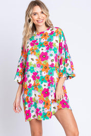 GeeGee Full Size Floral Round Neck Lantern Sleeve Mini Dress Multi Mini Dresses