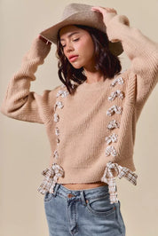 SO ME Checkered Plaid Tape Lace Up Ribbed Sweater | Daverri Fashions