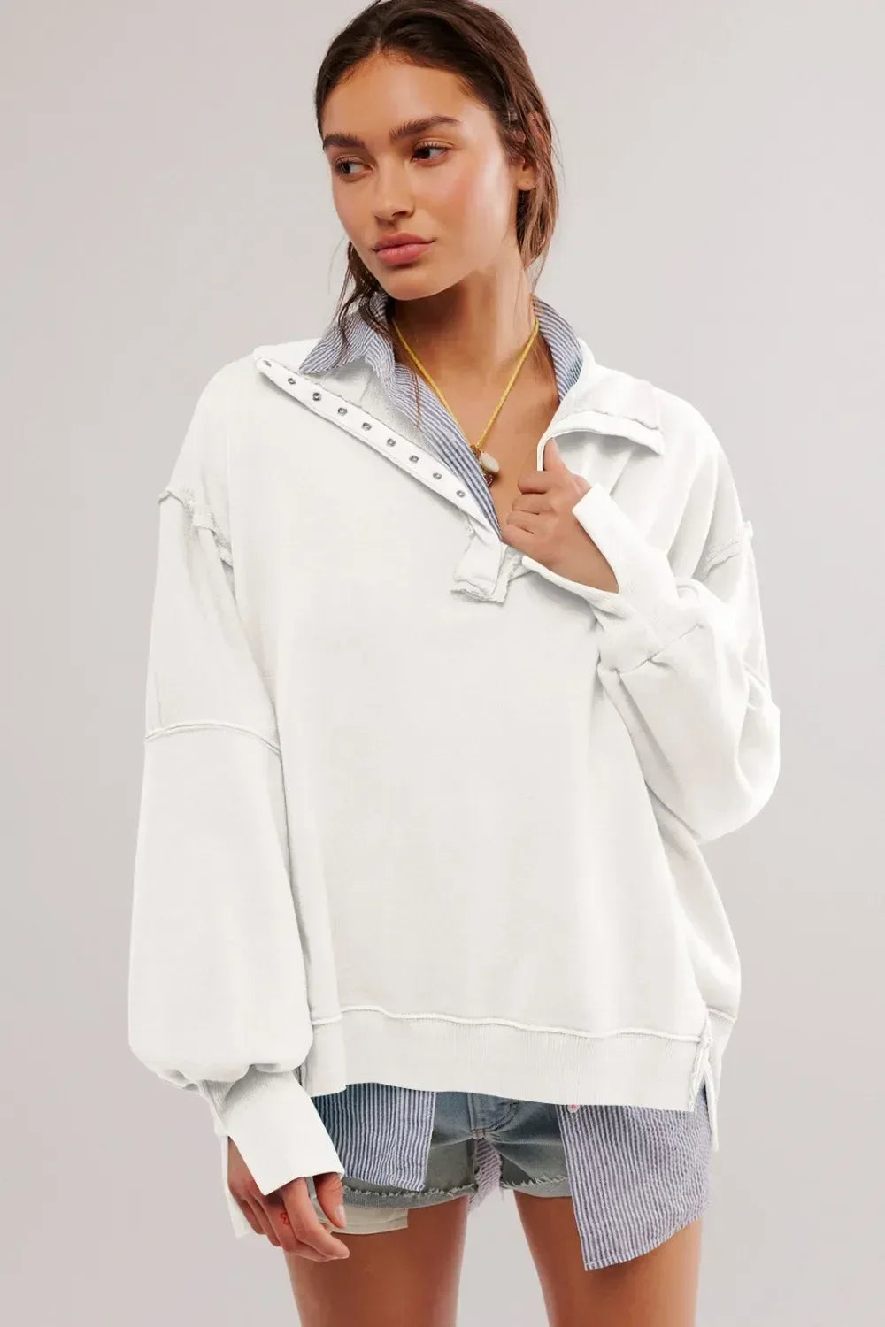 Exposed Seam Side Slit Long Sleeve Sweatshirt - DAVERRI FASHIONS