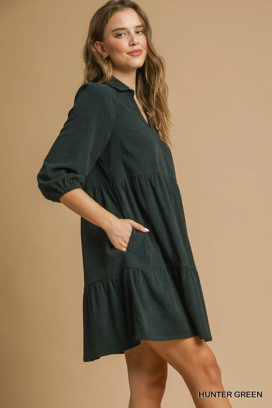 Umgee Tiered Johnny Collar Balloon Sleeve Dress Mini Dresses
