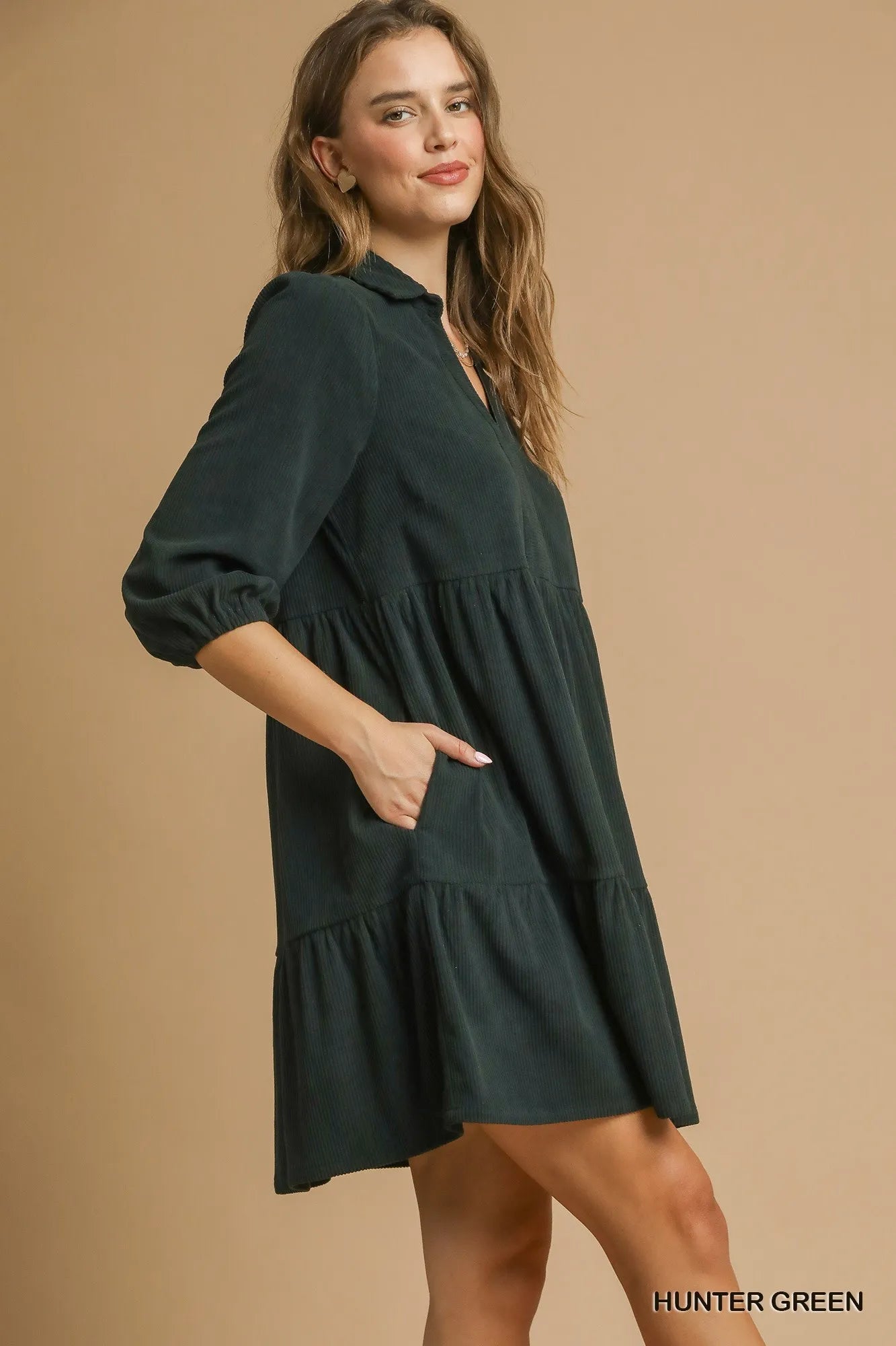 Umgee Tiered Johnny Collar Balloon Sleeve Dress Mini Dresses