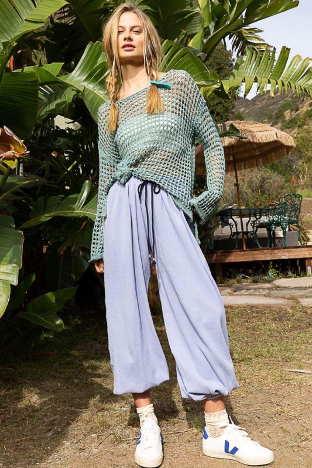 POL Side Slit Openwork Long Sleeve Knit Cover Up Cover-Ups