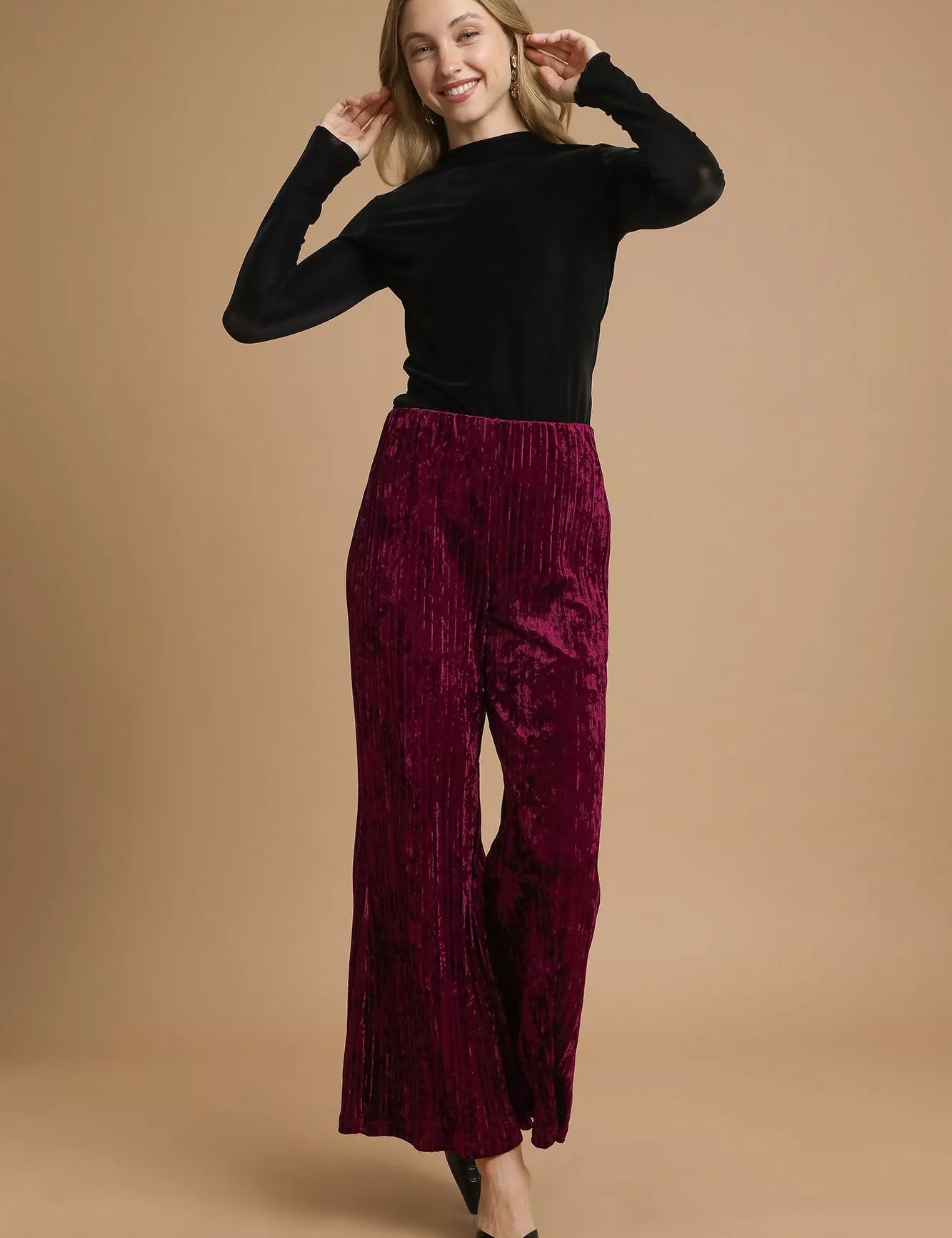 Umgee Velvet Pleated Wide Leg Pants | Pants Daverri Fashions