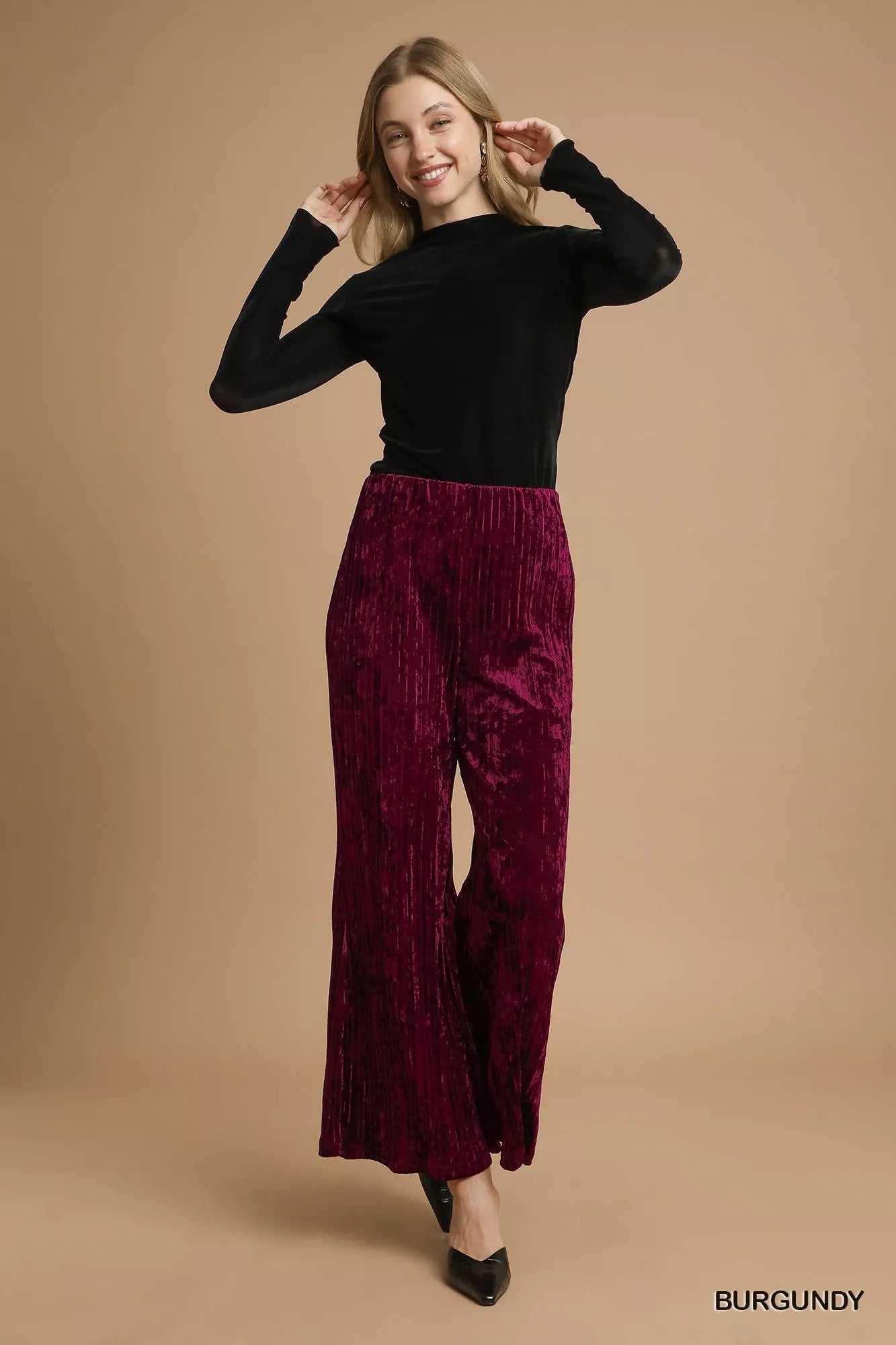 Umgee Velvet Pleated Wide Leg Pants | Pants Daverri Fashions