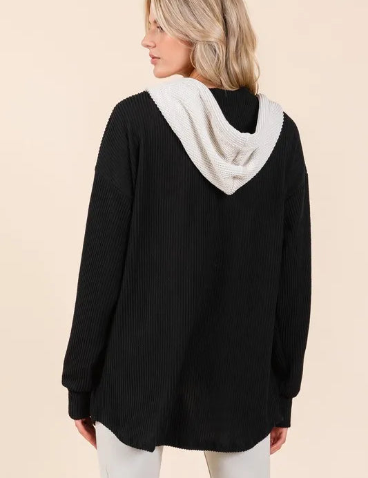 BOMBOM Textured Button Down Drawstring Hooded Shacket | Daverri Fashions