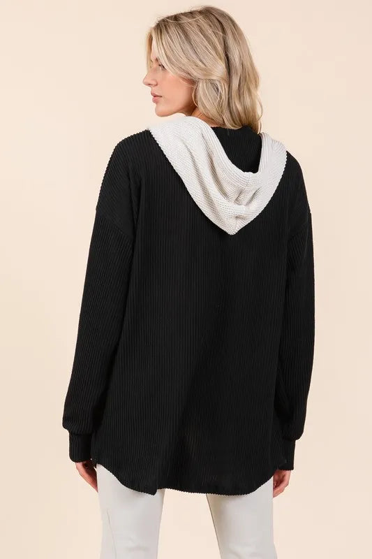 BOMBOM Textured Button Down Drawstring Hooded Shacket | Daverri Fashions