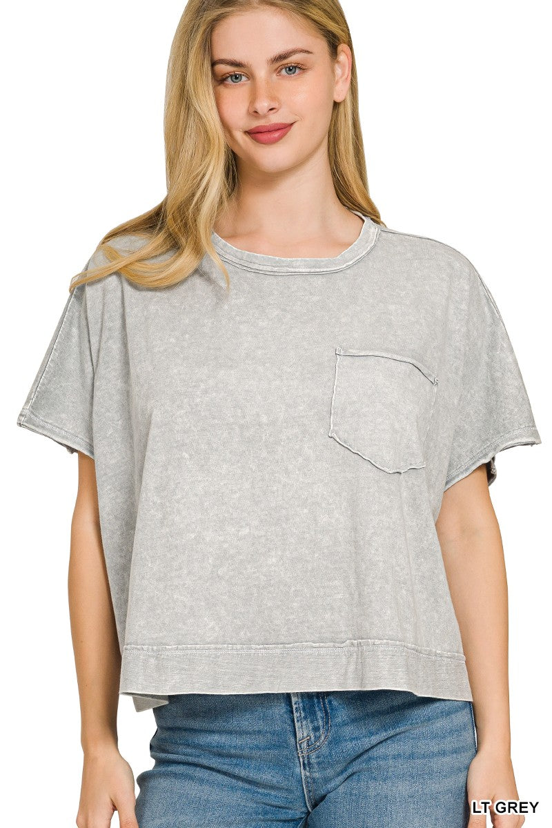 Zenana Halo light gray faded cotton boxy tee with chest pocket
