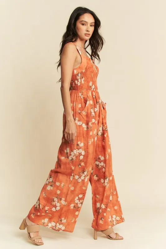 Davi & Dani Floral Ruffle Square Neck Smocking Bodice Jumpsuit Jumpsuits
