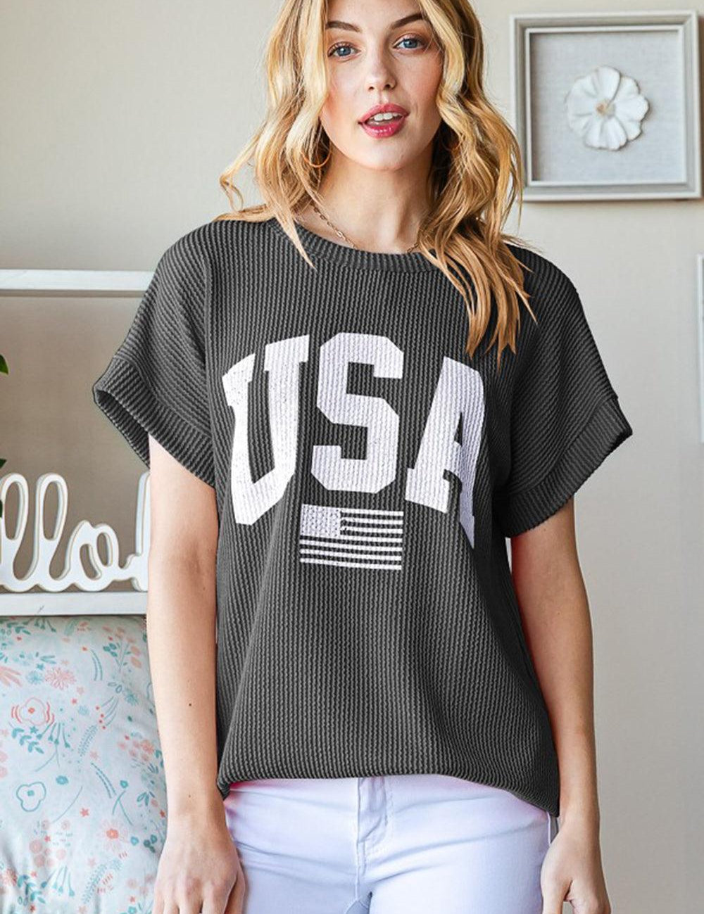 Charcoal Heimish Full Size USA Graphic Short Sleeve Ribbed Top | Tops Daverri Fashions