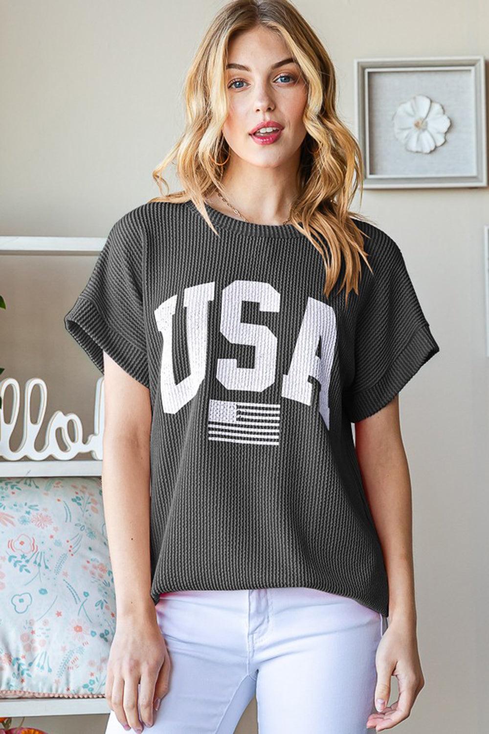 Charcoal Heimish Full Size USA Graphic Short Sleeve Ribbed Top | Tops Daverri Fashions