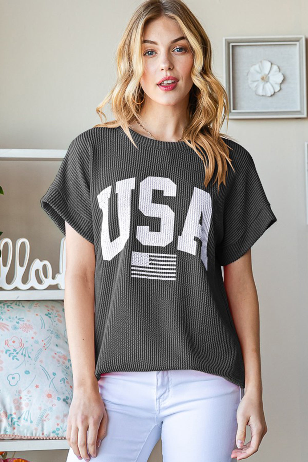 Heimish Full Size USA Graphic Short Sleeve Ribbed Top Charcoal