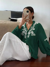 Daverri Fashions Embroidered Notched Long Sleeve Blouse - DAVERRI FASHIONS