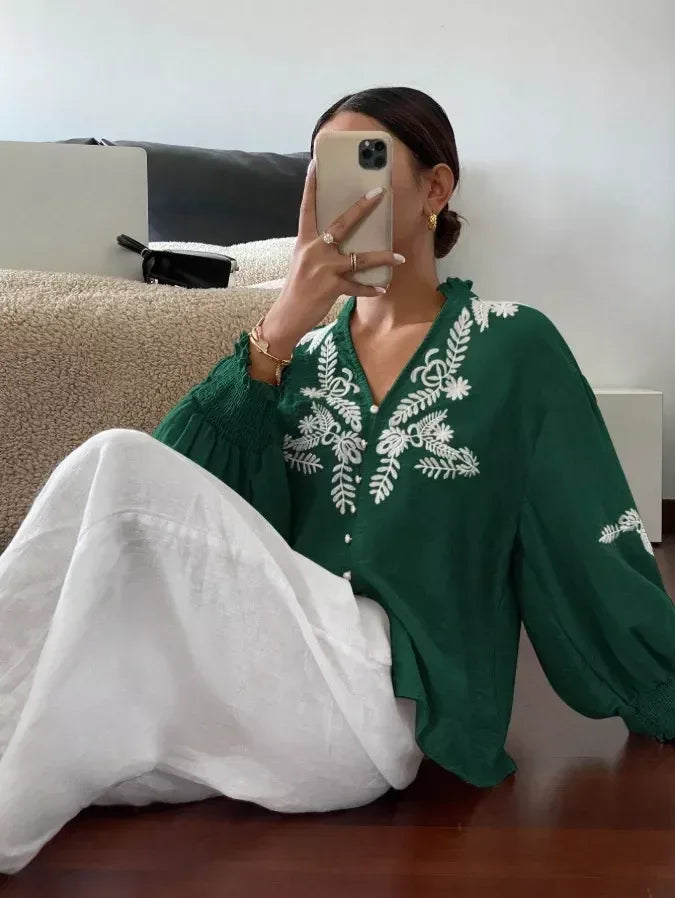 Daverri Fashions Embroidered Notched Long Sleeve Blouse - DAVERRI FASHIONS